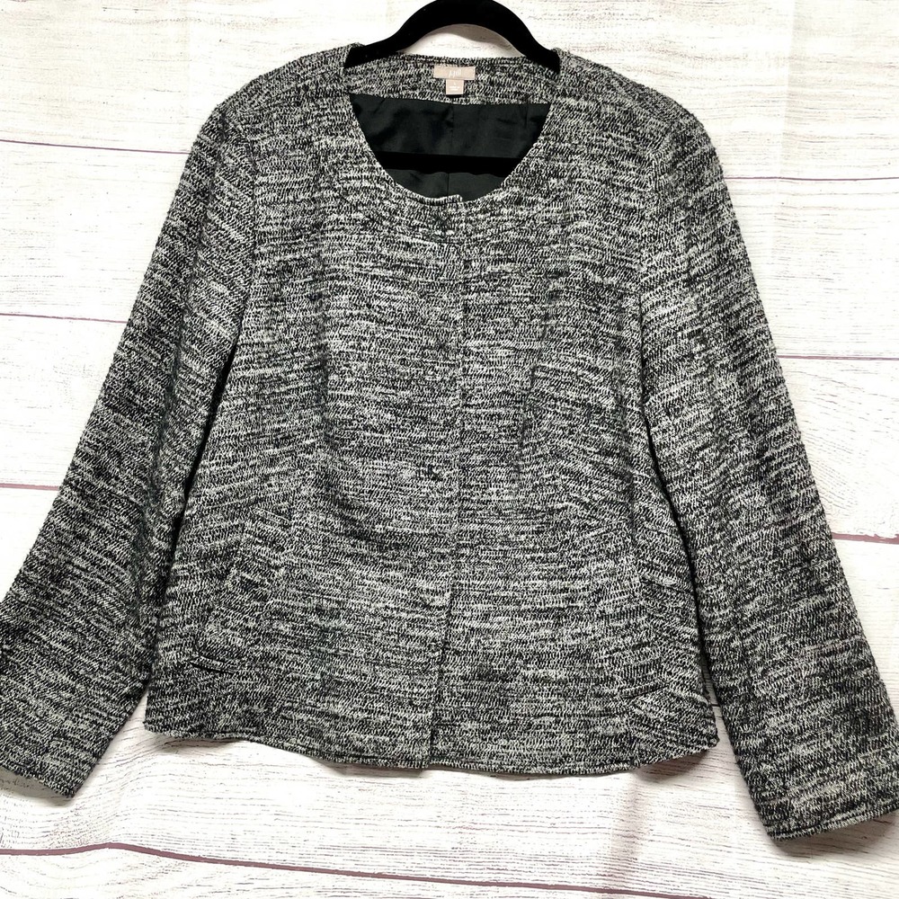 J Jill Wool Blend Tweed Blazer Gray Snap Front Size L
